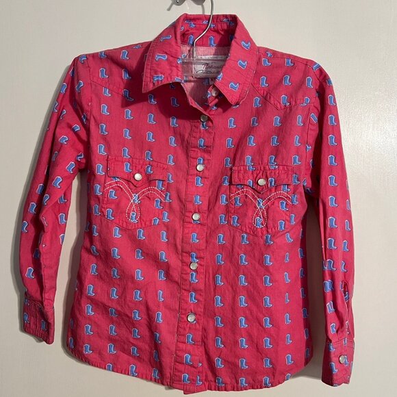 Panhandle Girls Western Shirt XS – Pink Pearl Snap Blue Boot Print Cotton - Picture 2 of 9